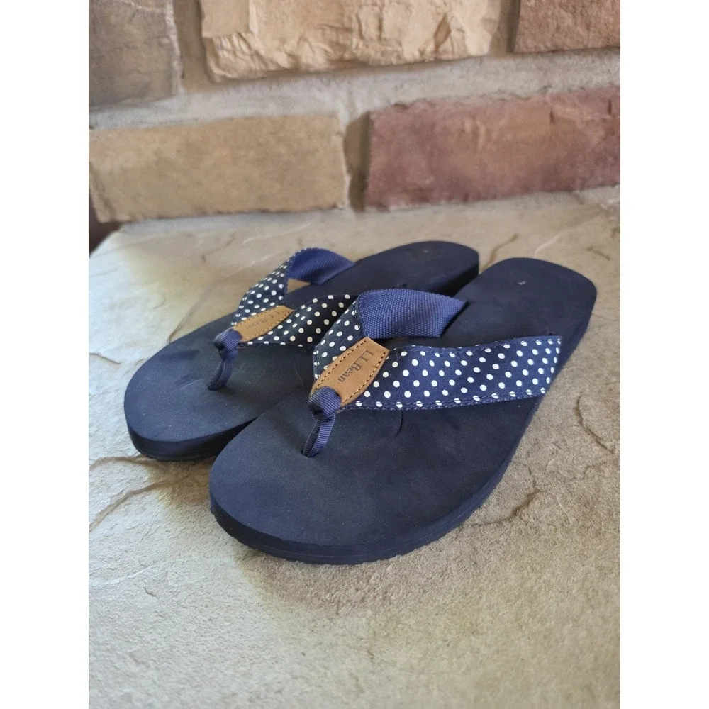 LL Bean Maine Isle Flip Flops Womens Size 10 Nautical Polka Dot Sandals - Picture 1 of 7